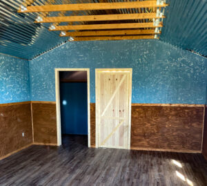 Blue thick textured cabin interior wall